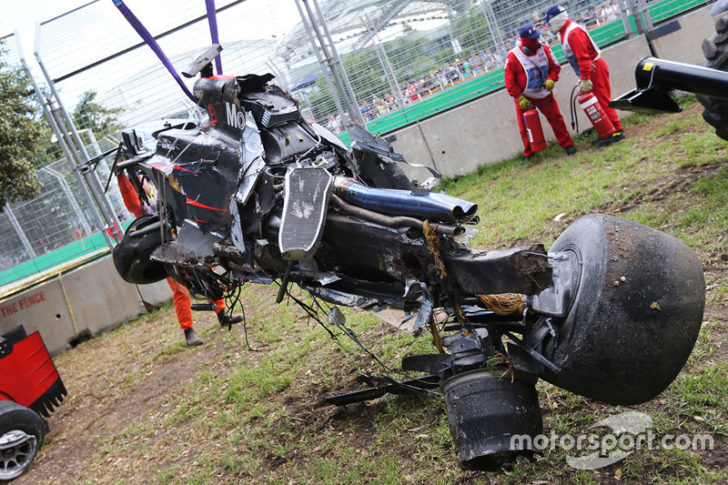 The McLaren MP4-31 of Fernando Alonso, McLaren after his race stopping crash