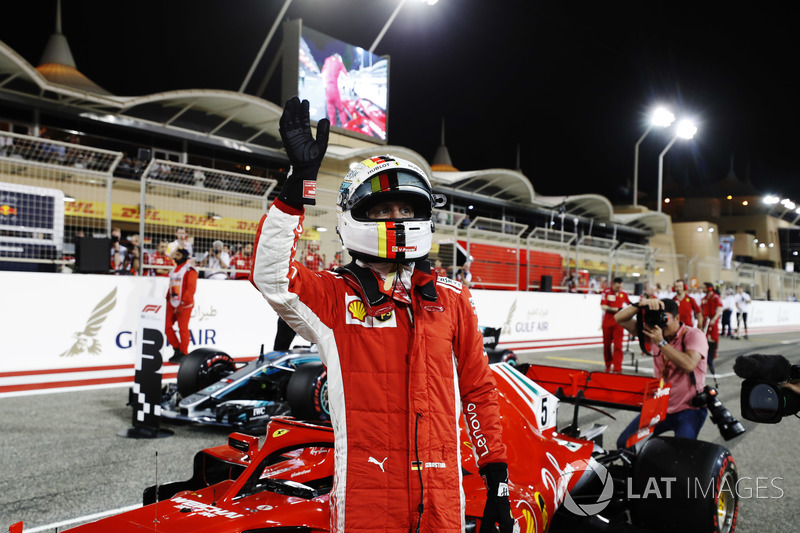 Sebastian Vettel, Ferrari SF71H, fête sa pole position