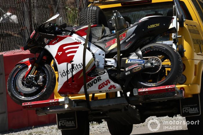 Moto dañada de Takaaki Nakagami, equipo LCR Honda