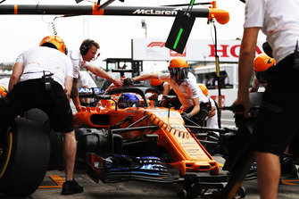 Fernando Alonso, McLaren MCL33, dans les stands