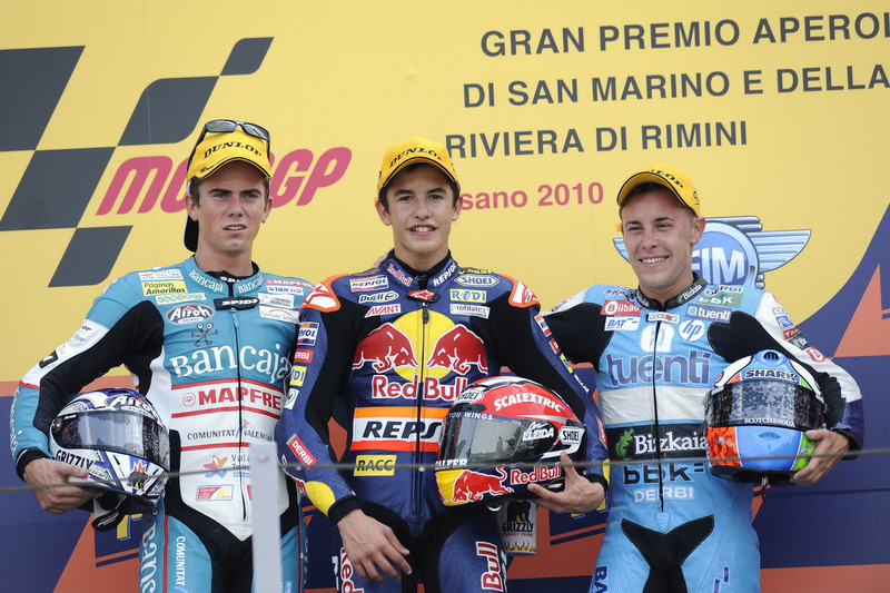 Podium: second place Nicolás Terol, Race winner Marc Marquez, third place Efrén Vázquez