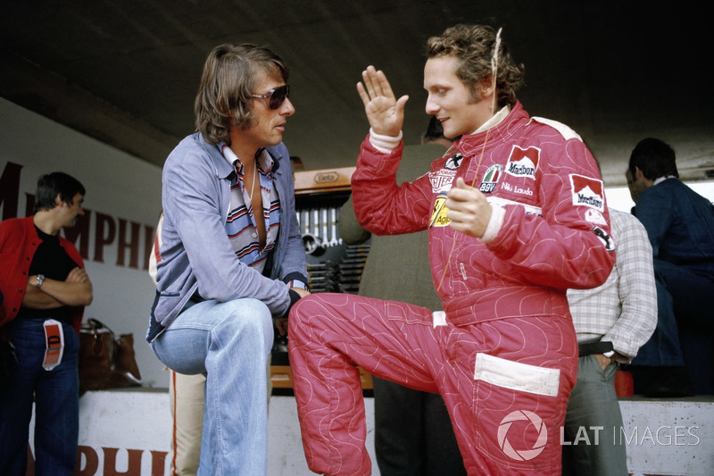 Austrian singer and songwriter Udo Jurgens with Niki Lauda, Ferrari