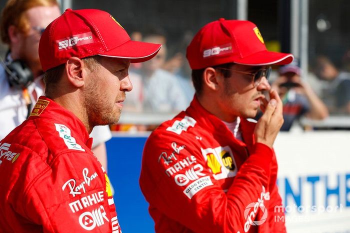 Pole winner Charles Leclerc, Ferrari, and Sebastian Vettel, Ferrari 