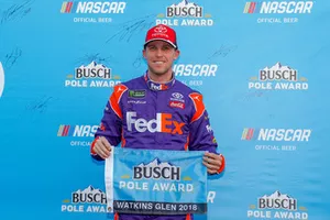 Polesitter Denny Hamlin, Joe Gibbs Racing, Toyota Camry FedEx Ground
