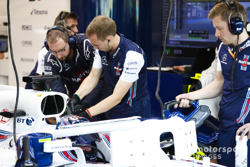Engineers work on the car of Lance Stroll, Williams FW41, in the garage