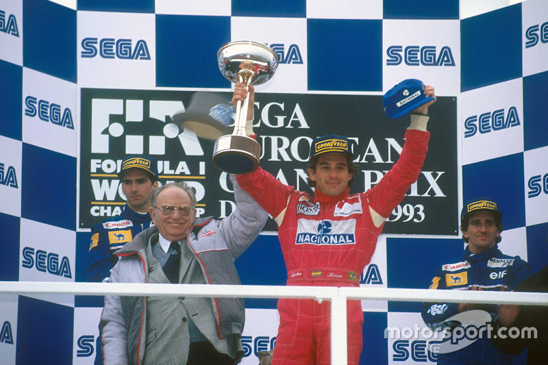 Podium: 1. Ayrton Senna, 2. Damon Hill, 3. Alain Prost 