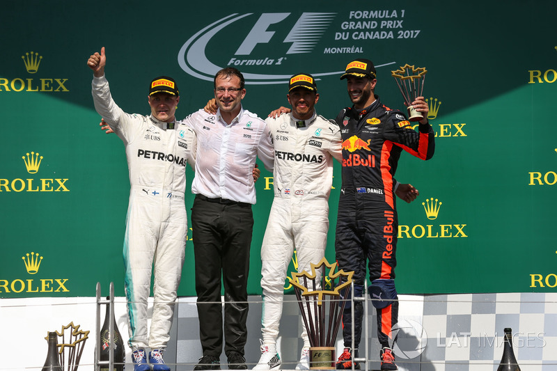 Kanada GP, Podyum: Yarış galibi Lewis Hamilton, Mercedes AMG F1, 2. Valtteri Bottas, Mercedes AMG F1, 3. Daniel Ricciardo, Red Bull Racing
