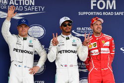 Polesitter Lewis Hamilton, Mercedes AMG F1, second place Valtteri Bottas, Mercedes AMG F1, third place Sebastian Vettel, Ferrari