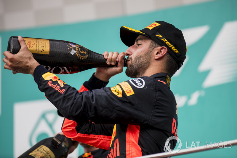 third place Daniel Ricciardo, Red Bull Racing, celebrates, Champagne on the podium