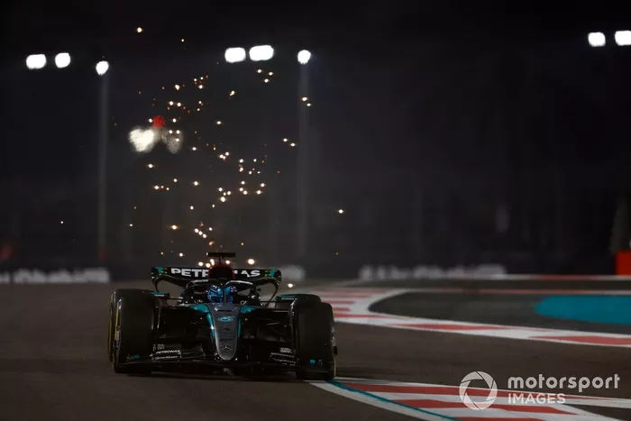 Sparks fly from George Russell, Mercedes F1 W15