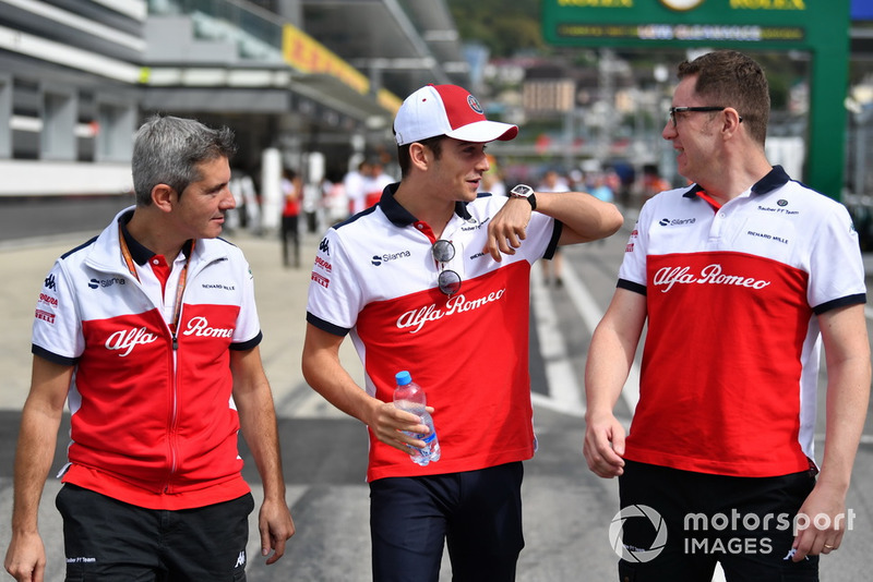 Charles Leclerc, Sauber walks the track with Xevi Pujolar, Sauber Head of Track Engineering