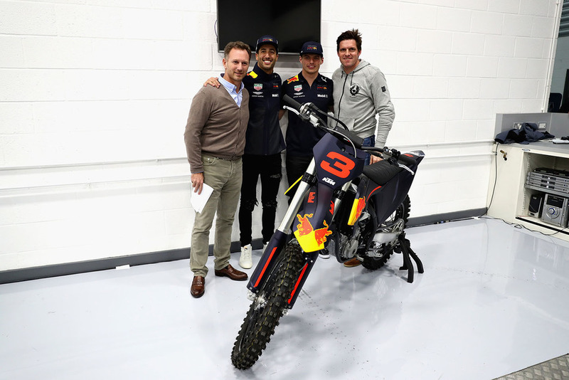 Daniel Ricciardo, Red Bull Racing, Red Bull Racing Team Principal Christian Horner, Max Verstappen, Red Bull Racing and Dougie Lampkin pose for a photo with a KTM bike