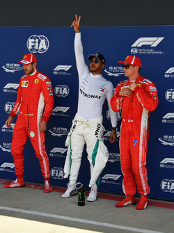 Sebastian Vettel, Ferrari, Lewis Hamilton, Mercedes-AMG F1 and Kimi Raikkonen, Ferrari celebrate in parc ferme