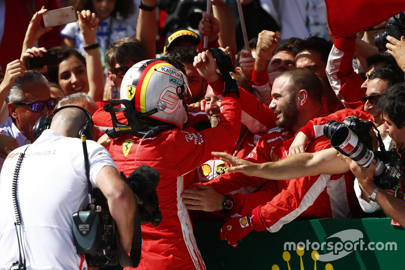 Sebastian Vettel, Ferrari, celebrates in Parc Ferme