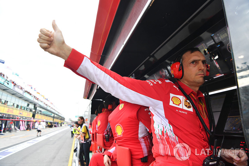 Riccardo Adami, Ferrari Race Engineer on the Ferrari pit wall gantry