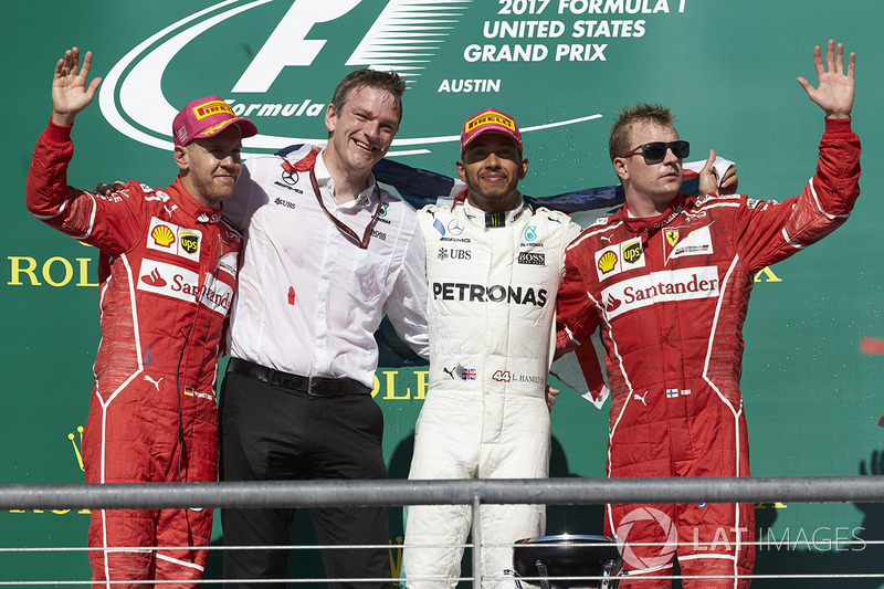 Second place Sebastian Vettel, Ferrari, James Allison, Technical Director, Mercedes AMG F1, race win