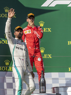 Lewis Hamilton, Mercedes-AMG F1 and Sebastian Vettel, Ferrari celebrate on the podium