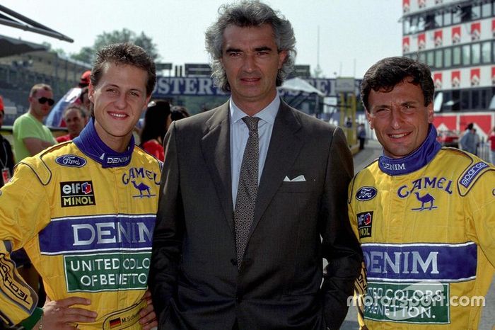 Michael Schumacher, Flavio Briatore, y Riccardo Patrese, Benetton