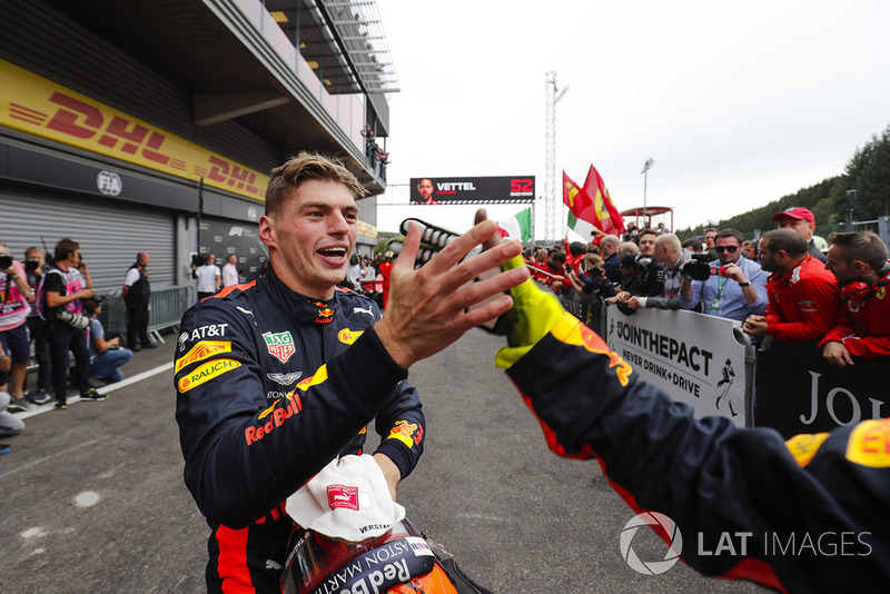 Max Verstappen, Red Bull Racing, celebrates third place in parc ferme