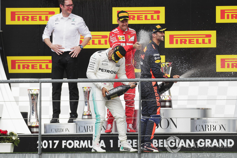 Podium: second place Sebastian Vettel, Ferrari, Race winner Lewis Hamilton, Mercedes AMG F1, third place Daniel Ricciardo, Red Bull Racing