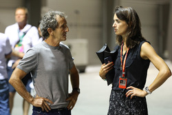 Alain Prost, Renault Sport F1 Team Special Advisor and Margot Laffite, Canal + Presenter