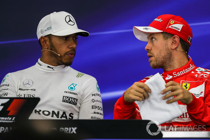 Lewis Hamilton, Mercedes AMG F1 and Sebastian Vettel, Ferrari in the Press Conference