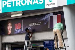 The garage sign of Pierre Gasly, Scuderia Toro Rosso is erected