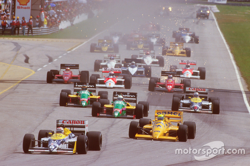 Départ : Nelson Piquet, Williams FW11B Honda, devant Ayrton Senna, Team Lotus Honda 99T, Teo Fabi, Benetton B187 Ford, Thierry Boutsen, Benetton B187 Ford et Nigel Mansell, Williams FW11B Honda