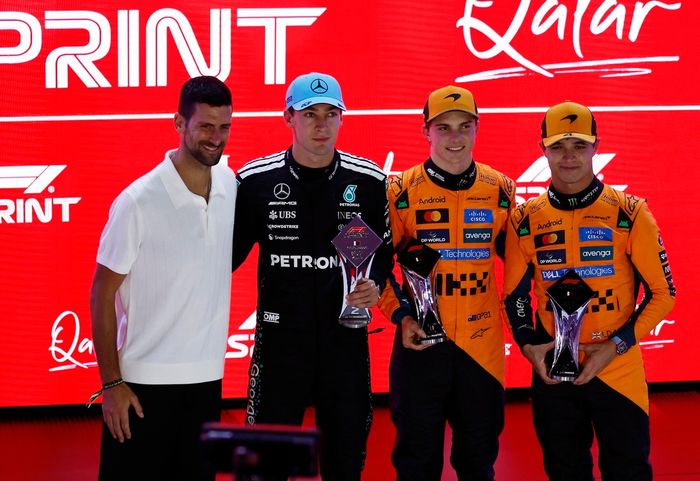 Lando Norris, McLaren, Oscar Piastri, McLaren, George Russell, Mercedes