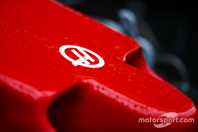 A Haas logo on the nose of a Haas F1 Team VF-18