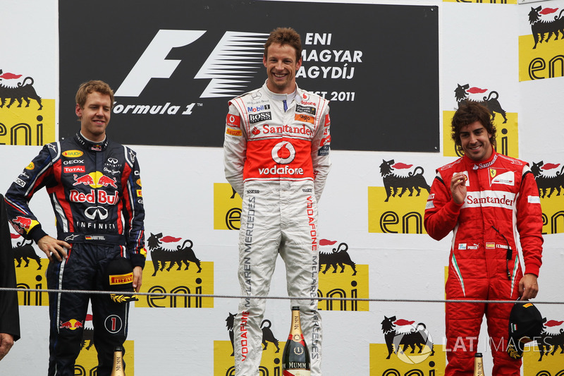 Podium: second place Sebastian Vettel, Red Bull Racing, Race winner Jenson Button, McLaren, third place Fernando Alonso, Ferrari