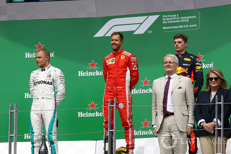 Valtteri Bottas, Mercedes-AMG F1, Sebastian Vettel, Ferrari and Max Verstappen, Red Bull Racing on the podium