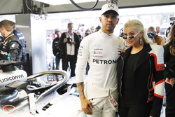 Lewis Hamilton, Mercedes AMG F1, in the garage with singer Christina Aguilera
