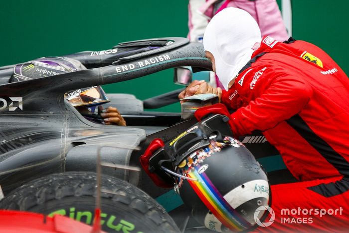 Race Winner Lewis Hamilton, Mercedes-AMG F1 celebrates his 7th World Championship title in Parc Ferme with Sebastian Vettel, Ferrari 