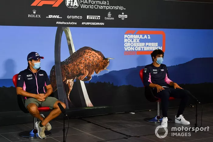 Sergio Pérez, Racing Point y Lance Stroll, Racing Point en la conferencia de prensa