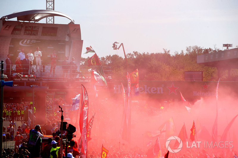 A huge crowd of Ferrari fans gather for the podium ceremony