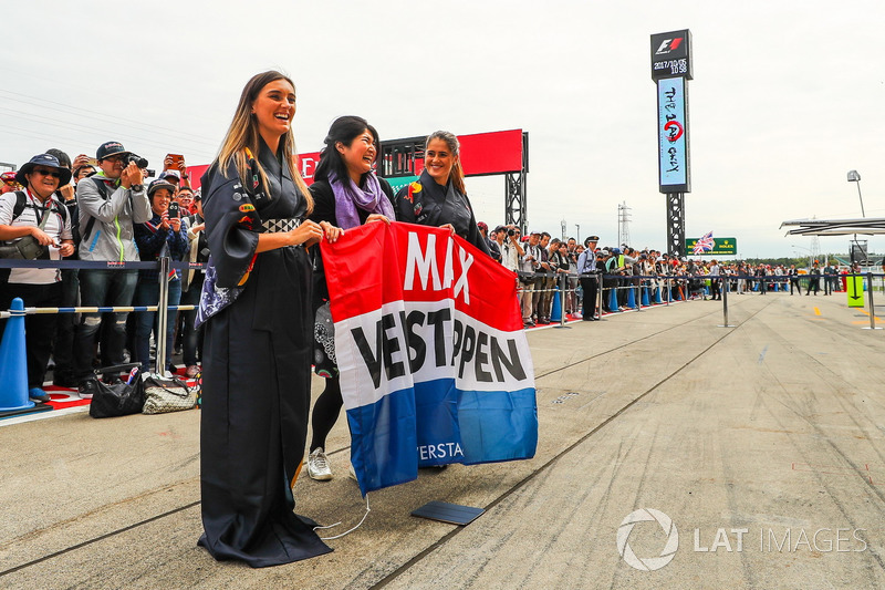 Max Verstappen, Red Bull Racing fans and banner