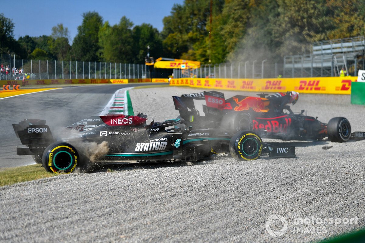 Lewis Hamilton, Mercedes W12 and Max Verstappen, Red Bull Racing RB16B collide