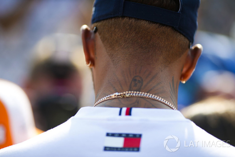 Tattoo detail on the neck of Lewis Hamilton, Mercedes AMG F1