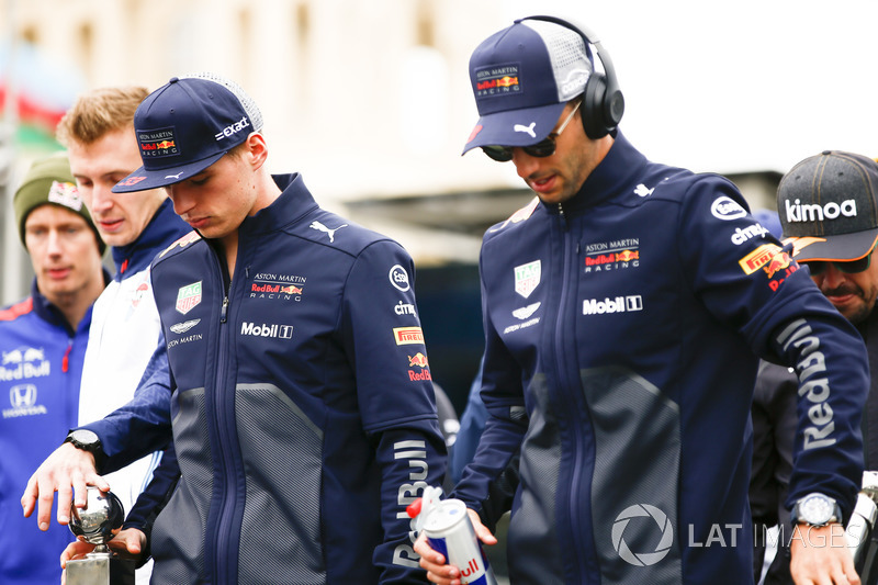 Max Verstappen, Red Bull Racing, and Daniel Ricciardo, Red Bull Racing, in the drivers parade