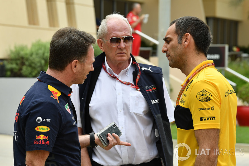 Christian Horner, director del equipo Red Bull Racing, Dr. Helmut Marko, consultor de Red Bull Motorsport y Cyril Abiteboul, director general de Renault Sport F1