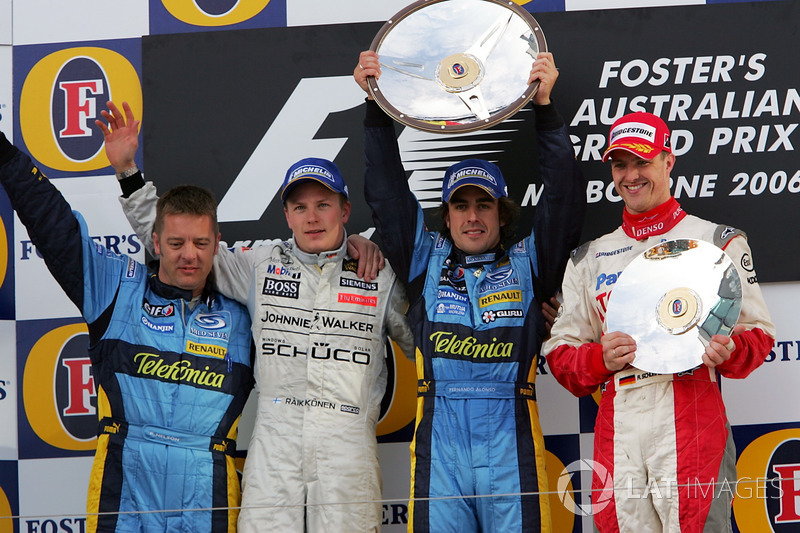 Podium: second place Kimi Raikkonen, McLaren, Race winner Fernando Alonso, Renault F1 Team, third place Ralf Schumacher, Toyota