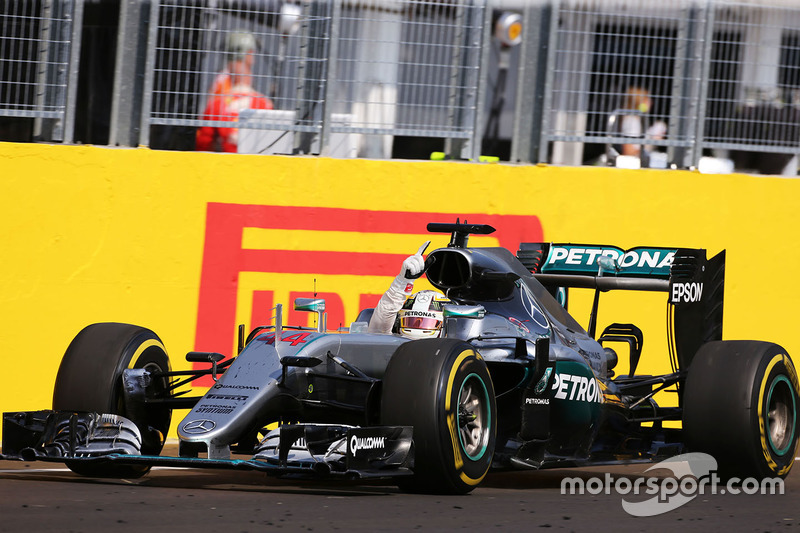Race winner Lewis Hamilton, Mercedes AMG F1 W07 Hybrid celebrates as he takes the chequered flag at the end of the race