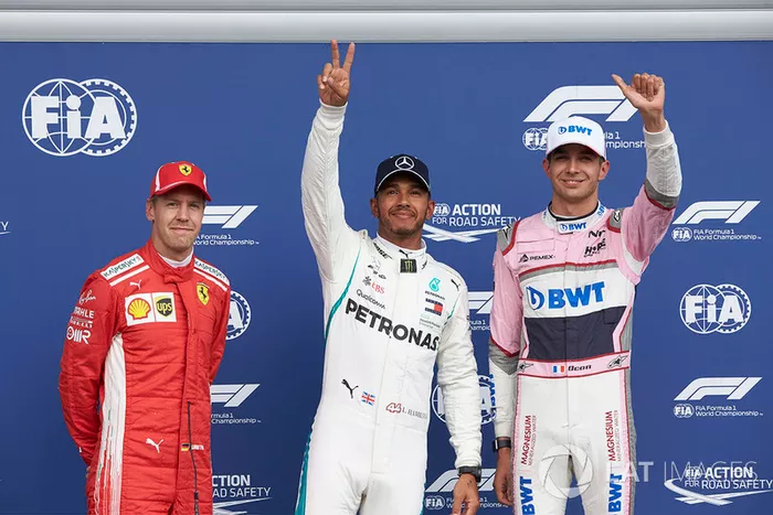 Sebastian Vettel, Ferrari, Lewis Hamilton, Mercedes AMG F1, y Esteban Ocon, Racing Point Force India