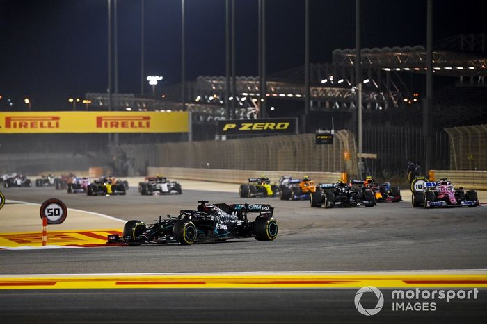 Lewis Hamilton, Mercedes F1 W11, Sergio Perez, Racing Point RP20, Valtteri Bottas, Mercedes F1 W11, and Alex Albon, Red Bull Racing RB16