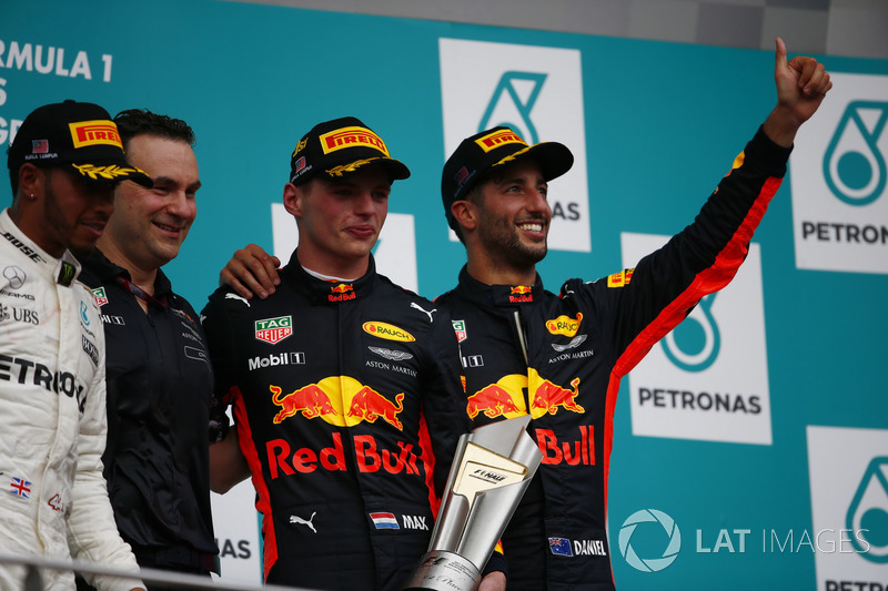 second place Lewis Hamilton, Mercedes AMG F1, Dan Fallows, Chief Engineer Aerodynamics, Red Bull Racing, Max Verstappen, Red Bull Racing, race winner, third place Daniel Ricciardo, Red Bull Racing, on the podium