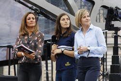 Tatiana Calderon, Development Driver, Sauber F1, on stage between Natalie Pinkham, Presenter, Sky Sports F1, Suzie Wolff, TV Pundit, Channel 4 F1