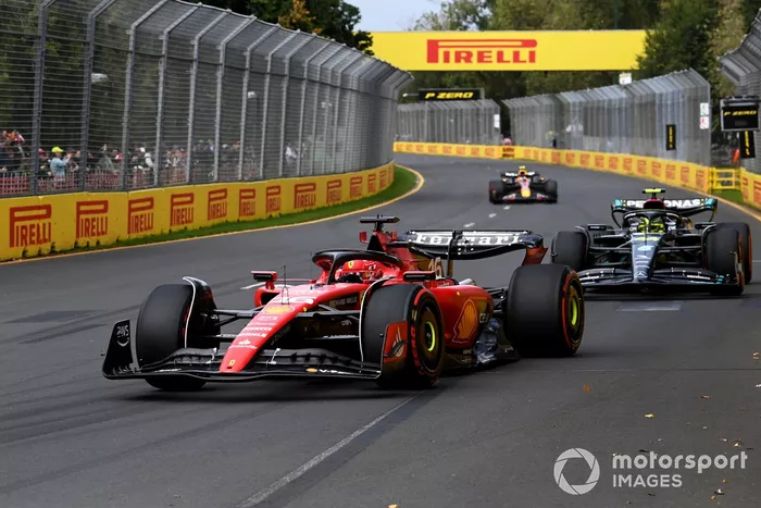 Charles Leclerc, Ferrari SF-23, Lewis Hamilton, Mercedes F1 W14, Sergio Pérez, Red Bull Racing RB19