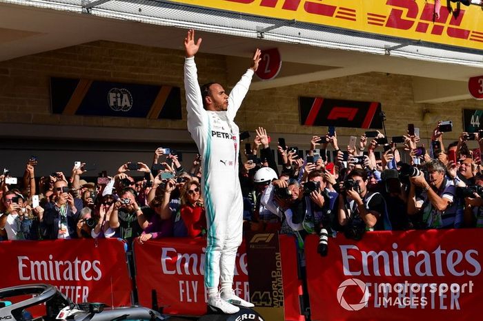 Lewis Hamilton, Mercedes AMG F1, 2nd position, celebrates in Parc Ferme after securing his sixth world drivers championship title