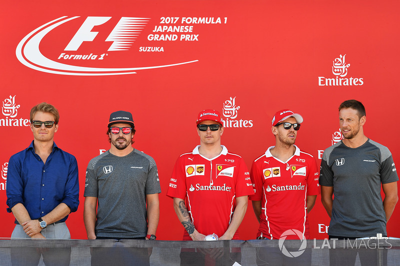 Nico Rosberg, ambassadeur Mercedes-Benz, Fernando Alonso, McLaren, Kimi Raikkonen, Ferrari, Sebastian Vettel, Ferrari et Jenson Button, McLaren